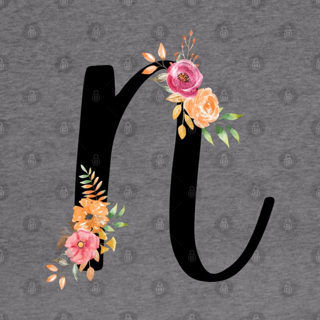 Letter N With Watercolor Floral Wreath by NatureGlow